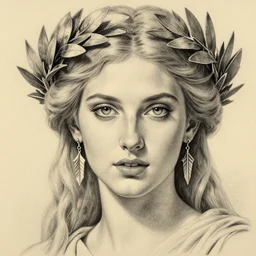 pencil drawing of a beautiful greek goddess aphrodite wearing a laurel wreath and arrowhead earrings, beautiful piercing eyes with sexy look, beautiful blonde hair, hyper realistic face, in the style of greg rutkowski, fantasy, amazing detail, epic, elegant, smooth, sharp focus, from the front