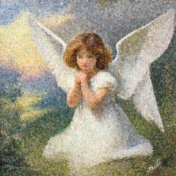cute girl angel with a epic scenery in the style of John William Waterhouse