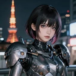 portrait Anime Girl in mecha armor in night tokyo Sharp fine face pretty face, realistic shaded Perfect face, fine details. Anime. cyberpunk realistic shaded lighting