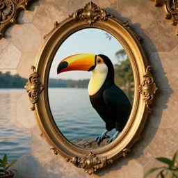 lake with hexagonal tiles and toucan inside an intricate wide oval mirror, mirror image, cinematic, filmic, wildlife photography, x - ray, ray tracing reflections, insanely detailed and intricate, hypermaximalist, elegant, ornate, hyper realistic, super detailed, golden hour