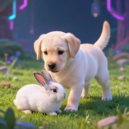fat puppy labrador playing with rabbit in field cyberpunk