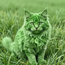 green long-haired kitten in grass, intricate, highly detailed, artstation, sharp focus, illustration, jurgens, aleksi briclot, rutkowski, mucha