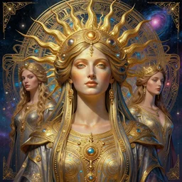 fullbody portrait. very complex hyper-maximalist overdetailed cinematic cosmic scifi portrait of an elegant very attractive sun goddess mother of the universe by andrei riabovitchev, tomasz alen kopera, oleksandra shchaslyva and peter morbacher. Extremely ornated and decorative. Fancy luxury beautiful. Omnious intricate. Secessionist portrait illustration. Goddess of the sky. Focus on face. Artstation. Deviantart. 8k 4k 64megapixel. Rendered by binx.ly.