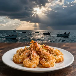 a plate of breaded scampi next to the impacts of bottom trawling
