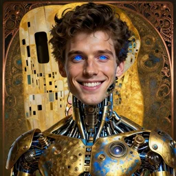 awardwinning photo of a beautiful smiling male steampunk cyborg, under the skin are mechanical devices, artwork by james jean, hyperdetailed realistic gold and blue metallic, the eyes glow blue, jean delville, art nouveau, gustav klimt, ornate copper patina gothic icon, james jean, ultrasharp hyperdetailed photorealistic octane render