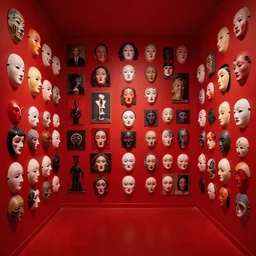 only with red, a red room with 1 0 0 masks with different personalities and expressions, in the style of beksinski, parts by edward hopper, parts by rodcenko, parts by yue minjun, intricate composition by bosch, red by caravaggio, insanely quality, highly detailed, masterpiece, red light, artstation, 4 k