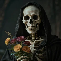 cinematic shot epic portrait skeleton wearing a dark robe holding flowers with a tear falling, hyper realistic, mood lighting, fantasy, detailed face, highly detailed, super realistic, perfect lighting