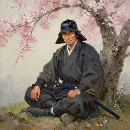 an oil painting of a samurai warrior sitting under a cherry tree, tony sart
