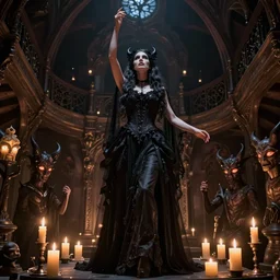 VFX movie of ascending goth woman in the decadent attic, demonic magic ritual, candles, glowing eyes, natural lighting at night by Emmanuel Lubezki