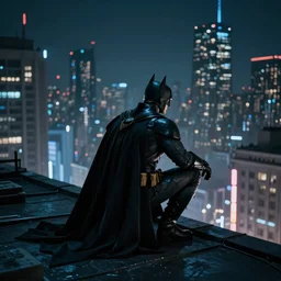 Batman crouching on a rooftop with his back to us overlooking a dystopian cityscape at night, cyberpunk, highly detailed, 4k