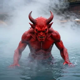 a devilish red monster with horns emerging from boiling hot thermal spring waters, photo by david lachapelle