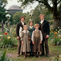 sharp, highly detailed, 435456k film, 1612800mm film still from a sci fi blockbuster color movie made in 2019, set in 1860, of a human family standing in a park, next to some alien plants and flowers, their pet humanoid alien is standing behind them, on an alien planet, the family are all wearing 1860s era clothes, good lighting, good photography, ultra high definition, in focus