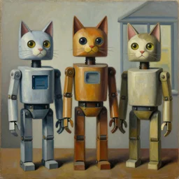three brutalist feline robots portrait, grant wood, pj crook, edward hopper, oil on canvas
