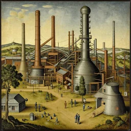 a depication of a factory in the style of Hieronymus Bosch.