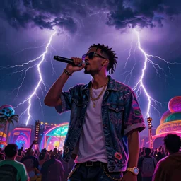 rapping into microphone, on stage at festival during lightning storm, digital art, vapor wave, hip hop, surreal, psychedelic, trending on Artstation, professional artist, detailed, 4k