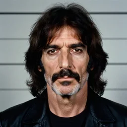 Mugshot Portrait of Frank Zappa, taken in the 1970s, photo taken on a 1970s polaroid camera, grainy, real life, hyperrealistic, ultra realistic, realistic, highly detailed, epic, HD quality, 8k resolution, body and headshot, film still, front facing, front view, headshot and bodyshot, detailed face, very detailed face