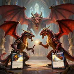 two dragons playing magic the gathering cards inside a cathedral, digital art, trending on artstation