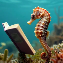 a seahorse reading a book