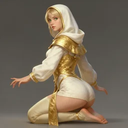 Female cleric, golden-white robes, fantasy, green eyes, extremely detailed face!, young, 2 arms and 2 legs!, shaped derriere, looking from side and bottom!, artstationHD, octane, by artgerm and wlop