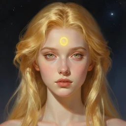 portrait of a gallent golden haired girl with open third eye, sci - fi face, space background, elegant, highly detailed, digital painting, artstation, concept art, smooth, sharp focus, illustration, art by artgerm and greg rutkowski and alphonse mucha