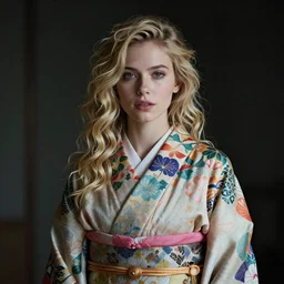stunning, breathtaking, awe - inspiring award - winning portrait of an attractive young white woman with wavy blonde hair, wearing a colorful yukata, extremely moody lighting, intricate, 8 k, octane render