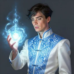 character concept portrait of Cillian murphy as a mage healer enchanting a light spell. Magic aura, white silk vests with elaborate blue patterns, elegant. digital painting, concept art, smooth, sharp focus, illustration, from Metal Gear, by Ruan Jia and Mandy Jurgens and William-Adolphe Bouguereau, Artgerm