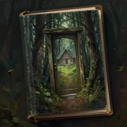 a painting of a book that is also a door to a cottage in the woods, trending on artstation, detailed digital art, eerie thriller aesthetic!!!!,