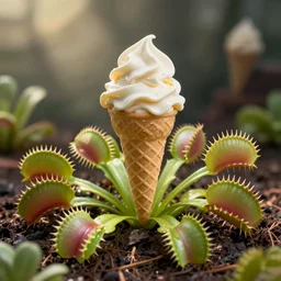 A venus flytrap plant, licking an ice cream cone
