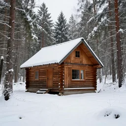 a photo of a wooden cabin in the middle of the woods, winter, hyper realistic, 4k
