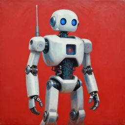 a beautiful painting of robot by aaron horkey, trending on artstation, red background
