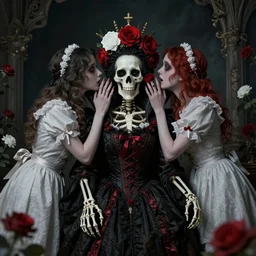 a skeleton Queen is haunted by two servant girls who whisper in her ear, red and white flowers, Dutch masters, baroque, horror