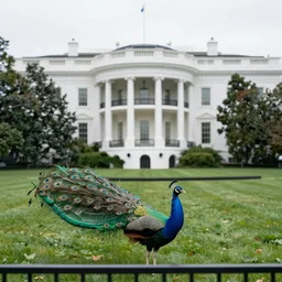 a peacock on the lawn of the White House