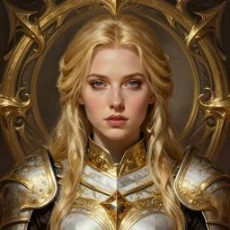 head-on centered symmetrical painted portrait, Elisha Cuthbert as a paladin, blonde hair, gold and white armour, dramatic lighting, intricate, fantasy, intricate, elegant, highly detailed, digital painting, smooth, sharp focus, illustration, dramatic lighting, artstation, in the style of Artgerm and Anna Podedworna