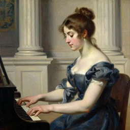 a renaissance oil painting close shot portrait by alma tadema of a woman playing a piano in a stone room of classical columns, colourful pastel, detailed academic bouguereau, high shadow, sharp focus