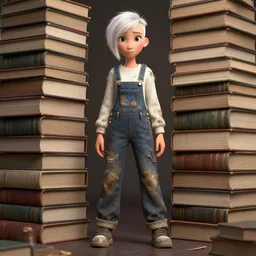 full body pose, beautiful adult library fairy, pixar, short white hair shaved sides, dirty, grungy, grunge, long sleeve, painted overalls, stacks of giant books, highly detailed, 4 k, hdr, smooth, sharp focus, high resolution, award - winning photo, artgerm, photorealistic
