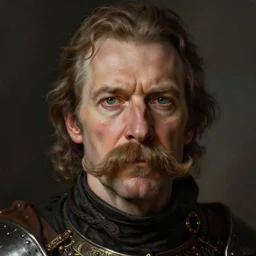 Portrait of a Knight in his 50s, big moustache, male, detailed face, fantasy, highly detailed, cinematic lighting, digital art painting by greg rutkowski
