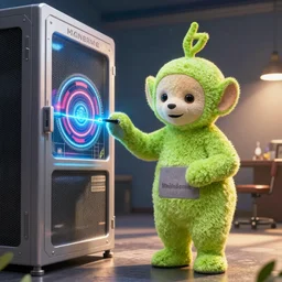 A Teletubbie hacking into the Mainframe