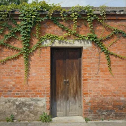 a beautiful painting of an ancient brick wall covered in vines with a closed portal wooden door, landscape, 8 k, photorealism