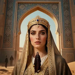 face portrait of an islamic empress combined with a surreal islamic style ornamental gate in the desert opening into an other dimension. by vincent di fate, james jean, dom qwek greg rutkowski igor goryunov andrei riabovitchev. ornament, intarsia, ambient lighting, atmospherical, photorealistic fantasy concept art, trending on art station, stunning visuals, creative, cinematic, ultra detailed