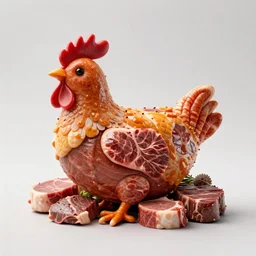 a pile of various steaks and meats in the shape of a chicken, food art
