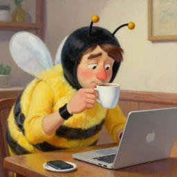 tired man in a bumblebee costume drinks coffee in front of a laptop, highly detailed, masterpiece, cartoon, oil on canvas