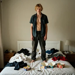blond guy standing in bedroom, messy, clothes pilled about, empty food cartons, photo