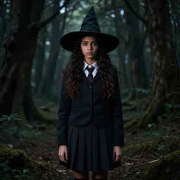 hd kodachrome school portrait of shy fully clothed teenage brown - skinned fantasy witch, school uniform, grzegorz rutkowski, symmetry, dramatic lighting, high contrast, elfin beauty, deep dark forest, moody, natasha caine, naomi scott, young female himesh patel, indian prince edward, beautiful, quiet, intelligent, contemplative