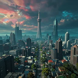 synthwave landscape of midgar from final fantasy vii