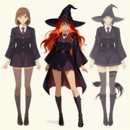 character model sheet of attractive female student witch by greg rutkowski, witch academia, model magic school uniform, glowing red hair color, by studio ghibli and ross tran, digital art, trending on artstation, highly detailed, concept art, beautiful, masterpiece