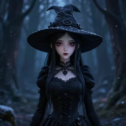 focus portrait of beautiful darkness witch 3D anime girl, dark forest background, snowing, bokeh, inspired by Tim Burton, digital painting, unreal engine render, volumetric light, high détail