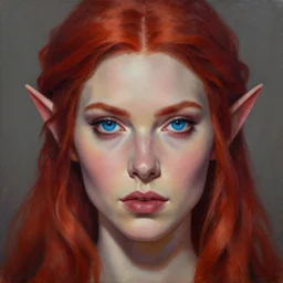 A detailed matte oil on canvas head on symmetrical portrait of a beautiful elven woman with blue red eyes and red hair by greg rutkowski and Charlie bowater, trending on artstationhd,  dungeons and dragons art critical role