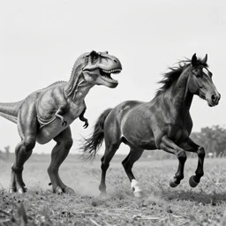 [ [ t rex ] ] and a horse with legs, joined, movement, soft, black and white photograph, 1 8 5 0 s