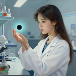 an oil protrait painting of a beautiful young female scientist in a laboratory looking at a small glowing black hole in her hand, elegant, sharp focus, morandi color scheme, illustration, high quality, highly detailed, long hair, digital art, science fiction art style, art station