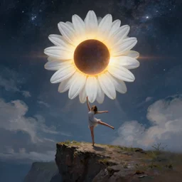 huge white daisy flower on head, girl dancing on cliff, surreal photography, solar eclipse, milky way, dramatic light, impressionist painting, clouds, digital painting, artstation, james gilleard, liam wong, jeremy mann, simon stalenhag